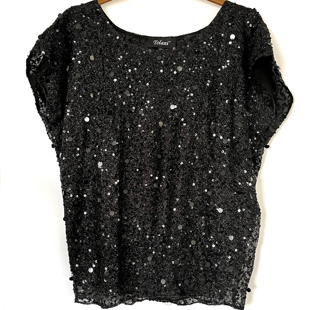 Tolani Cocktail Top Sequin Blouse Black Cap Sleeve  XS
